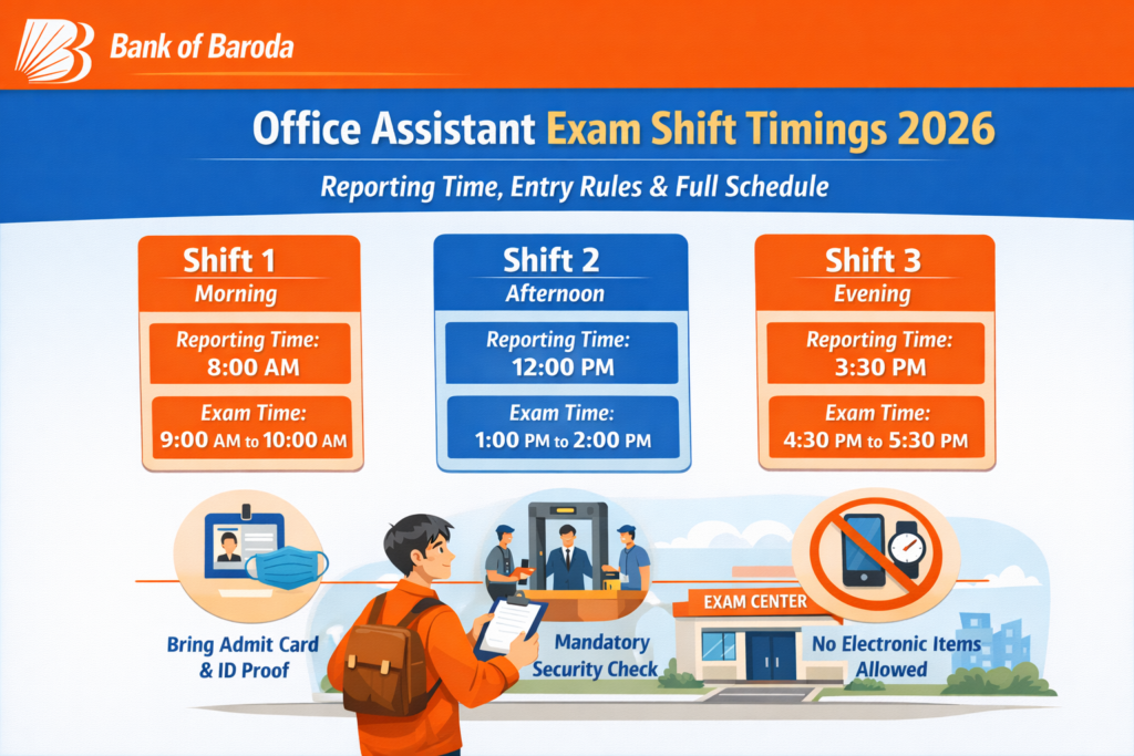 Bank of Baroda Office Assistant Exam Shift Timings 2026 – Reporting Time, Entry Rules & Full Schedule 🏦